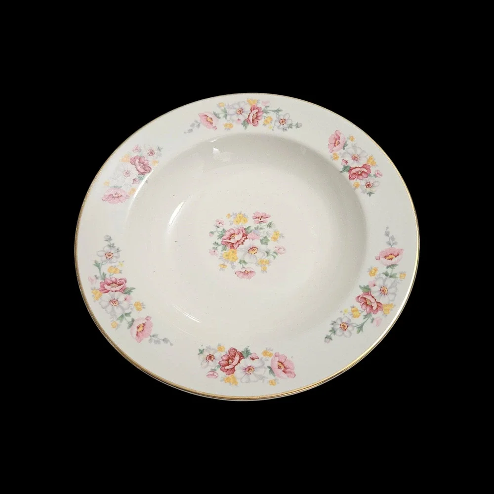 Homer Laughlin Floral Rim Soup Bowls Set of 2 Gold Trim Vintage USA